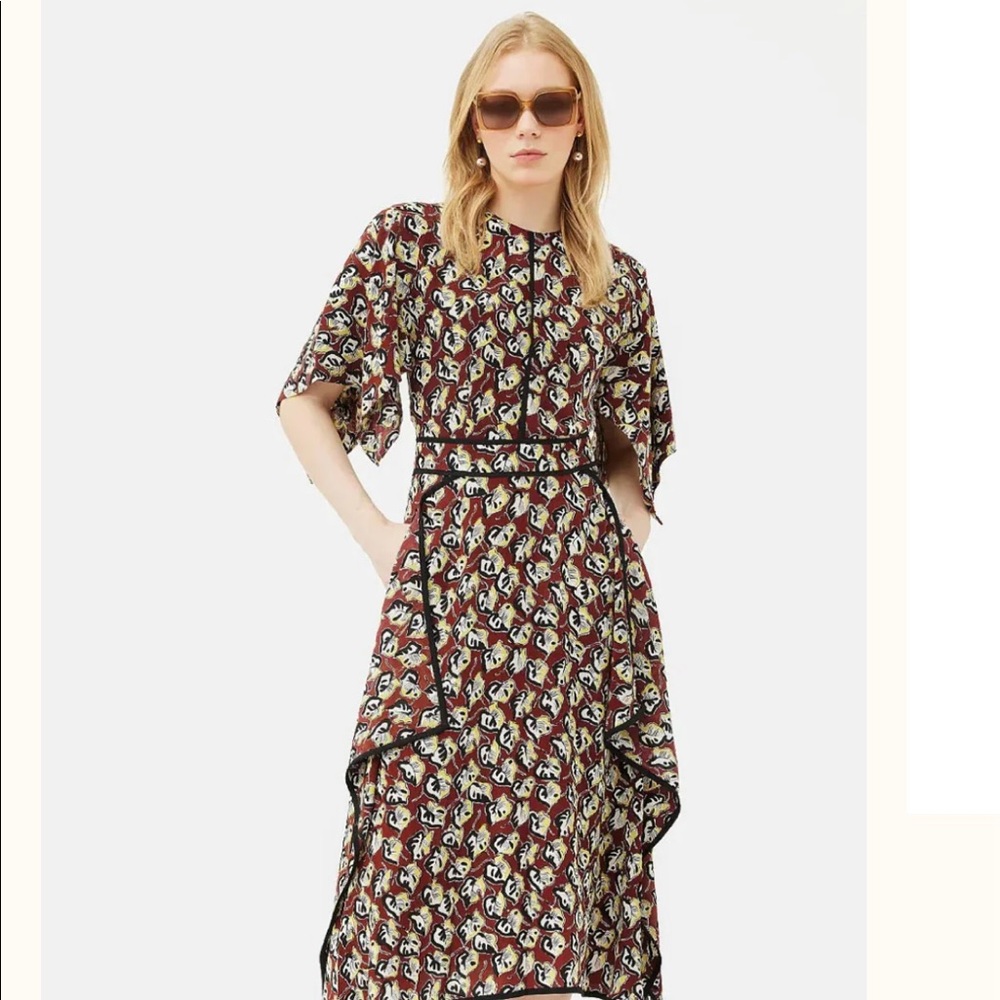 Jigsaw x Collagerie Burgundy Maroon Fig Leaf Floral Midi Dress